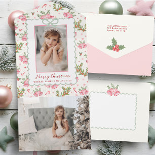 Roze/groene Coquette Strik Foto Gekartelde Kerstmi All In One Uitnodiging