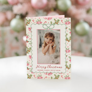 Roze/groene Coquette Strik Foto Gekartelde Kerstmi Feestdagen Kaart