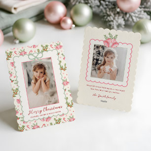 Roze/Groene Coquette Strik Foto Gekartelde Kerstmi Feestdagenkaart