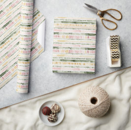 Roze Groene Crème Strepen Verjaardag Cadeaupapier