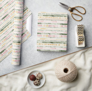 Roze Groene Crème Strepen Verjaardag Cadeaupapier