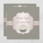 Roze groene cupcake 1e verjaardagsfeestje kaart (Voorkant / Achterkant)