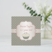 Roze groene cupcake 1e verjaardagsfeestje kaart (Staand voorkant)