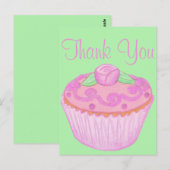 Roze Groene Cupcake Bedankkaart 3 Briefkaart (Voorkant / Achterkant)
