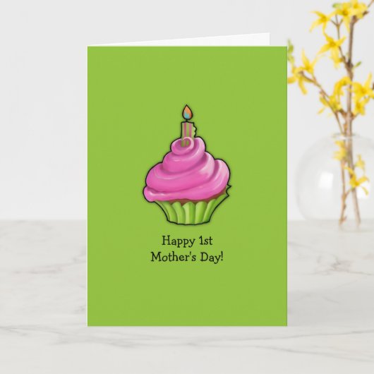 Roze & Groene Cupcake groen 1e Moederdag Kaart (Gele Bloem)