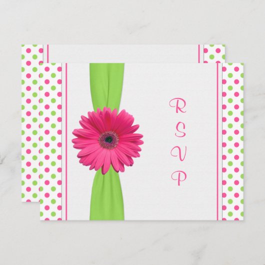 Roze groene Daisy Polka Dot Bat Mitzvah RSVP Card (Voorkant / Achterkant)