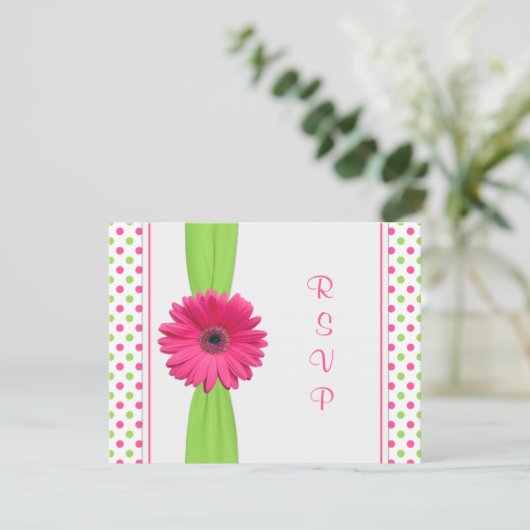 Roze groene Daisy Polka Dot Bat Mitzvah RSVP Card (Staand voorkant)