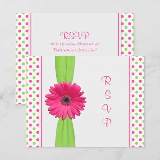 Roze groene Daisy Polka Dot Bat Mitzvah RSVP Card (Voorkant / Achterkant)