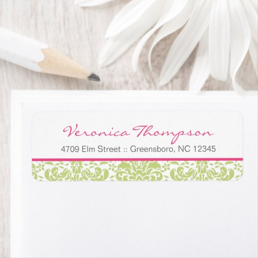 Roze & Groene Damask Adreslabel Etiket (Insitu)