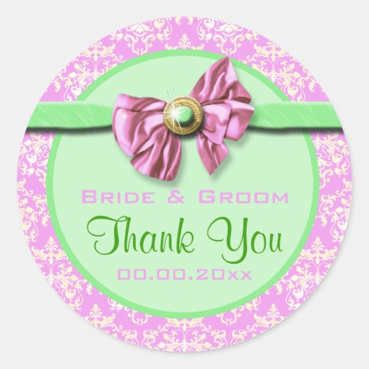 Roze groene damast bruiloft elegant ronde sticker (Voorkant)