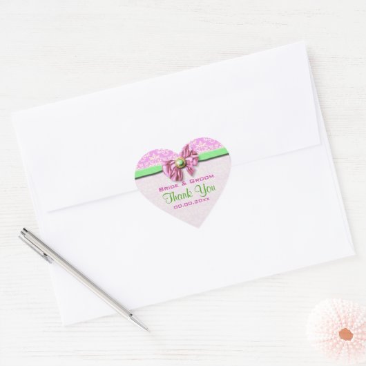Roze groene damast elegant hart sticker (Envelop)