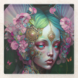 Roze groene Elf Fairy Woman Fantasy Art Glazen Onderzetter