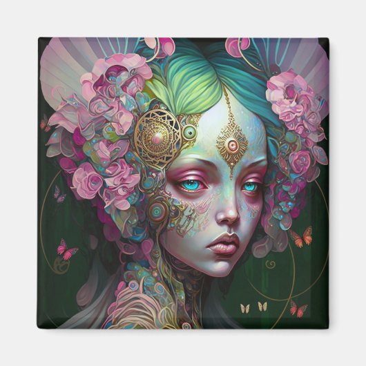 Roze groene Elf Fairy Woman Fantasy Art Magneet (Voorkant)
