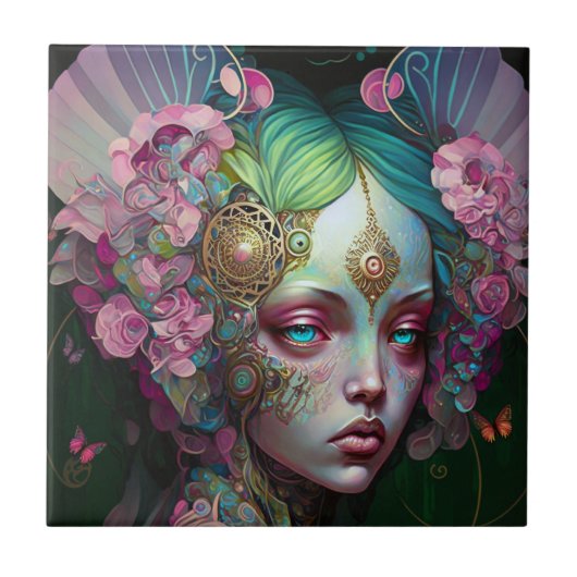 Roze groene Elf Fairy Woman Fantasy Art Tegeltje (Voorkant)