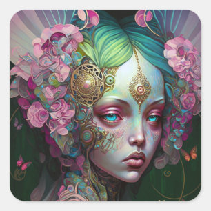 Roze groene Elf Fairy Woman Fantasy Art Vierkante Sticker