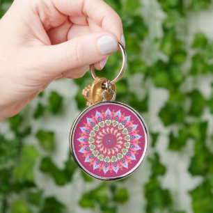 Roze, groene en blauwe ventilator Mandala Sleutelh Sleutelhanger