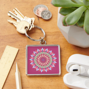 Roze, groene en blauwe ventilator Mandala Sleutelh Sleutelhanger