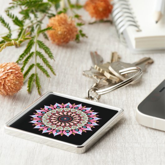 Roze, groene en blauwe ventilator Mandala Sleutelh Sleutelhanger (Zijkant)