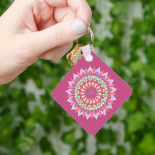 Roze, groene en blauwe ventilator Mandala Sleutelh Sleutelhanger