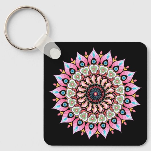 Roze, groene en blauwe ventilator Mandala Sleutelh Sleutelhanger (Voorkant)