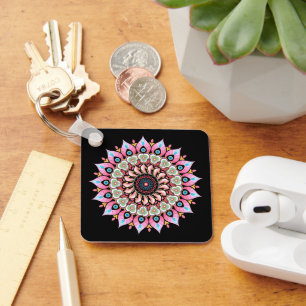 Roze, groene en blauwe ventilator Mandala Sleutelh Sleutelhanger