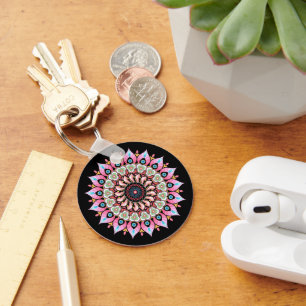 Roze, groene en blauwe ventilator Mandala Sleutelh Sleutelhanger