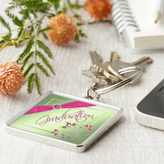 Roze, groene en gele Afstuderen Sleutelhanger (Zijkant)