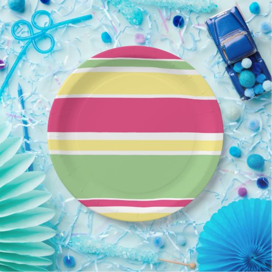 Roze, groene en gele strepen papieren bordje (Feest)