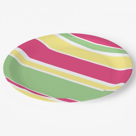 Roze, groene en gele strepen papieren bordje (Gekanteld)