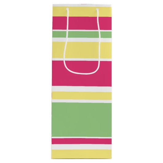 Roze, groene en gele strepen wijn cadeautas (Voorkant)