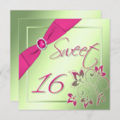 Roze, groene en gele zestien uitnodiging (Voorkant / Achterkant)