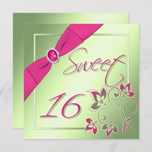 Roze, groene en gele zestien uitnodiging (Voorkant / Achterkant)