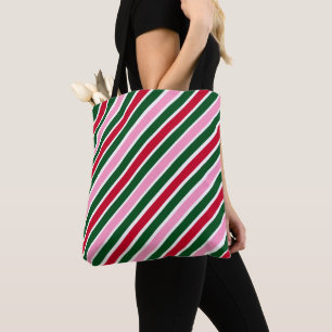 Roze groene en rode kerst snoepriet strepen Tote Bag