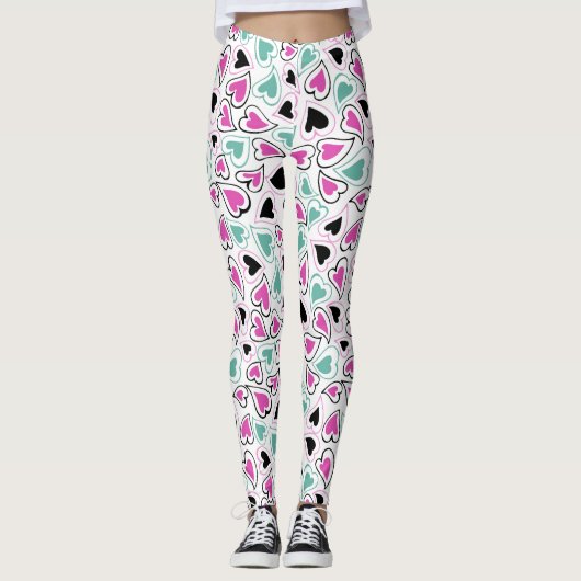 Roze, groene en zwarte moderne harten leggings (Voorkant)
