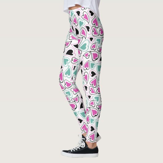 Roze, groene en zwarte moderne harten leggings (Links)