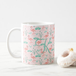Roze Groene Flamingo Monogram Tropische Vogels Koffiemok