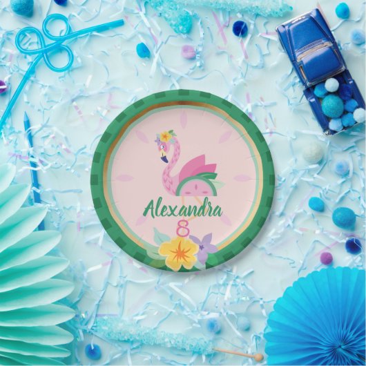 Roze groene flamingo's en watermeloenen tropische  papieren bordje (Feest)