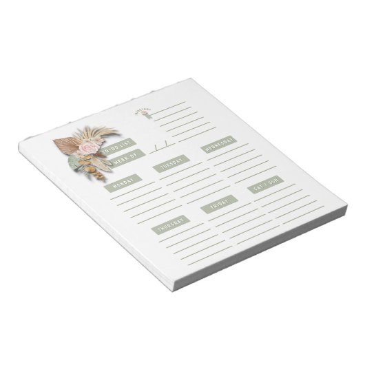 Roze groene Floral Boho Weekly Planner Organisator Notitieblok (Schuin)
