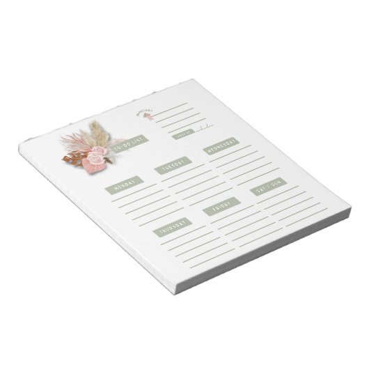 Roze groene Floral Boho Weekly Planner Organisator Notitieblok (Schuin)