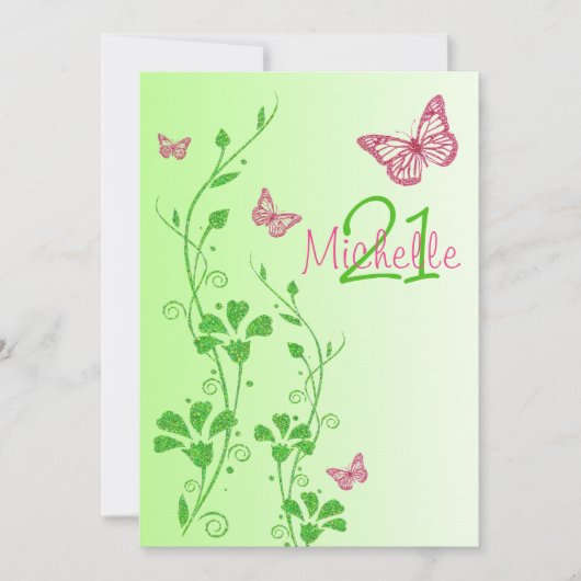 Roze, groene Floral Buttterflies 21e verjaardag Kaart (Voorkant)