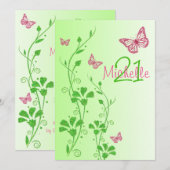 Roze, groene Floral Buttterflies 21e verjaardag Kaart (Voorkant / Achterkant)