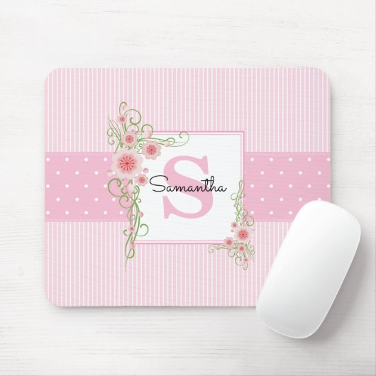 Roze groene Floral en Stripes monogrammen Muismat (Met muis)