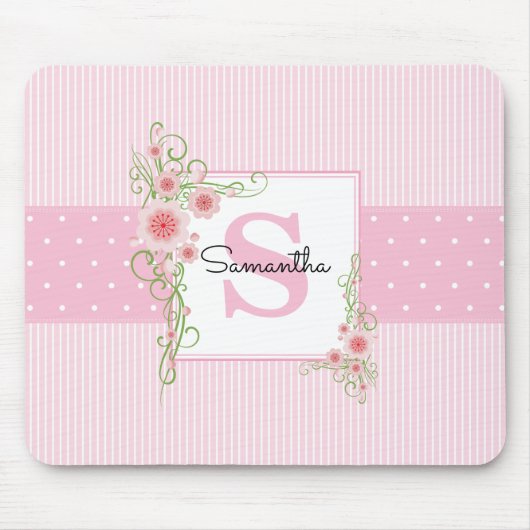 Roze groene Floral en Stripes monogrammen Muismat (Voorkant)