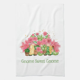 Roze groene Floral Gnomes Gnome Sweet Gnome Theedoek