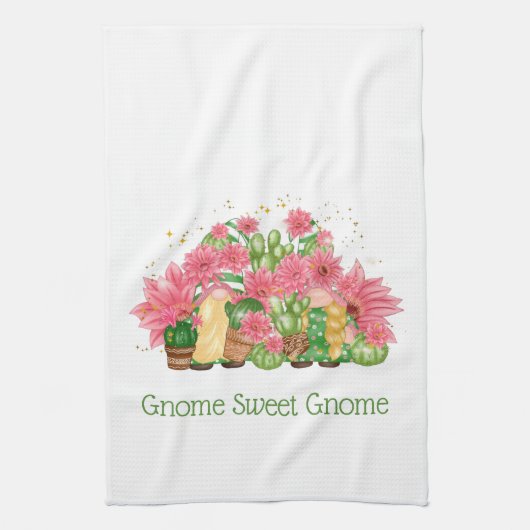 Roze groene Floral Gnomes Gnome Sweet Gnome Theedoek (Verticaal)