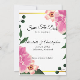 Roze groene Floral Gold Border Wedding Save The Date