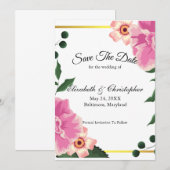 Roze groene Floral Gold Border Wedding Save The Date (Voorkant / Achterkant)