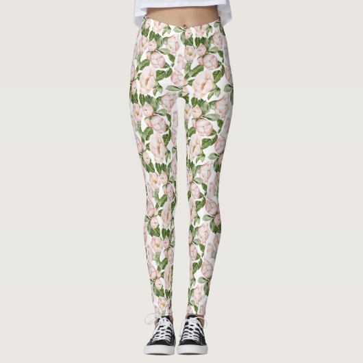 Roze groene Floral Leggings (Voorkant)