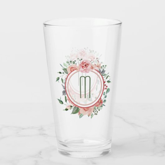 Roze groene Floral Lijst Monogram Glas (Achterkant)
