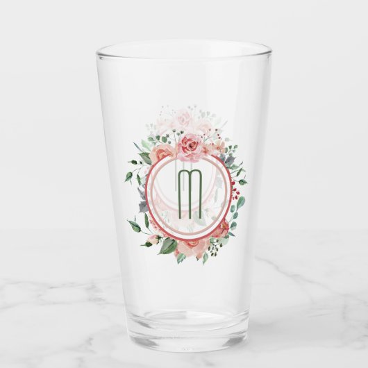 Roze groene Floral Lijst Monogram Glas (Voorkant)